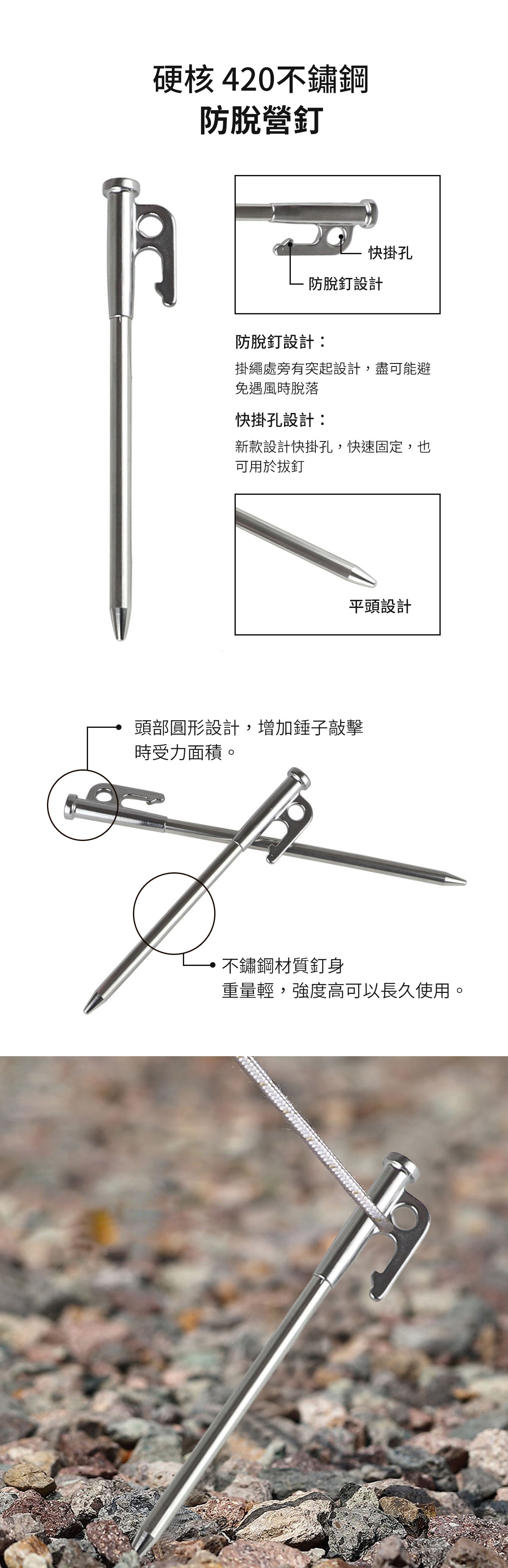 硬核420不鏽鋼防脫營釘快掛孔防脫釘設計防脫釘設計掛繩處旁有突起設計,盡可能避免遇風時脫落快掛孔設計:新款設計快掛孔,快速固定,也可用於拔釘平頭設計頭部圓形設計,增加錘子敲擊時受力面積。不鏽鋼材質釘身重量輕,強度高可以長久使用。